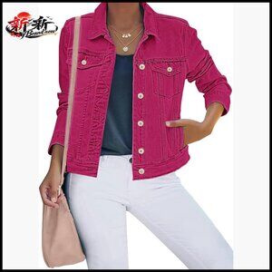 Button Down Stretch Fitted Denim Jacket with Long Sleeves